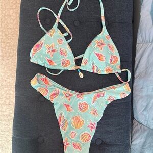 Sea Shell Print Triangle Bikini Set - Aqua Mint